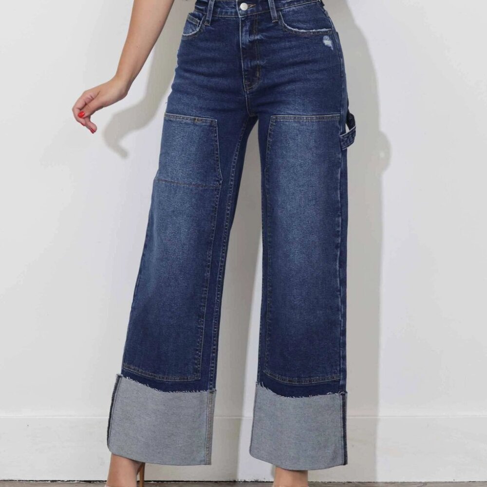 Cuff Up Wide Leg Jeans with Double Pannels